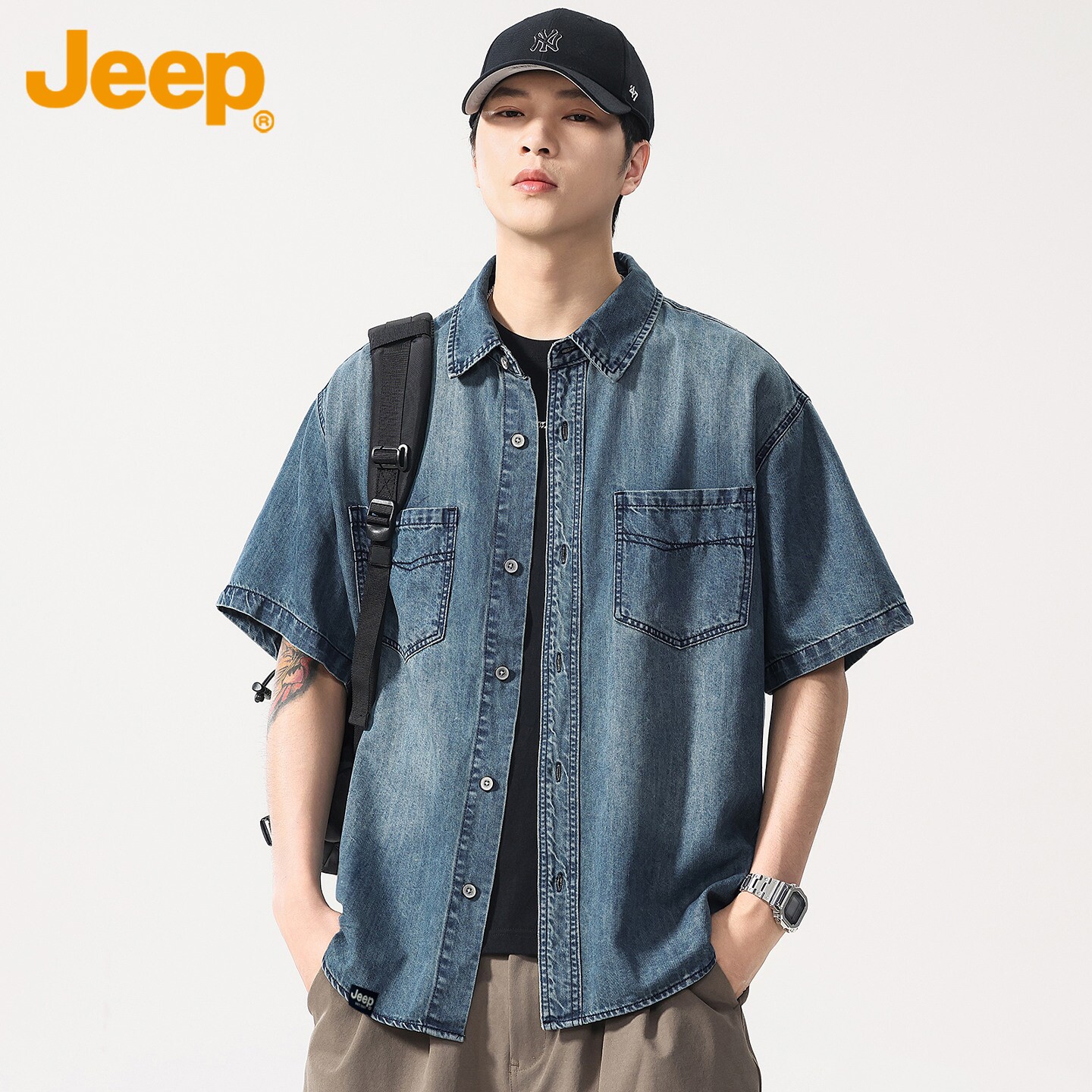 Jeep吉普天丝牛仔衬衫男士复古外套2026年夏季薄款凉感短袖衬衣男