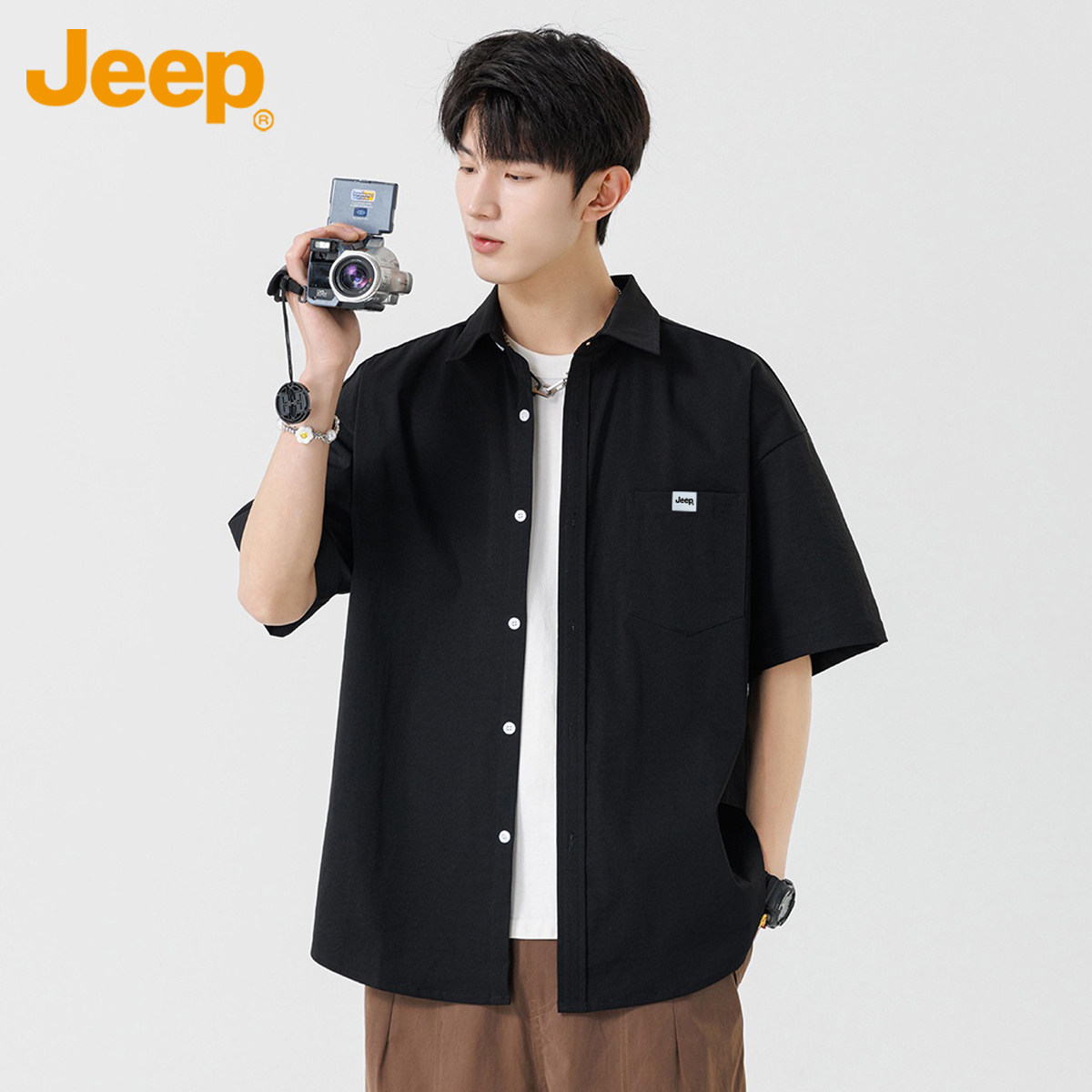Jeep吉普工装短袖衬衫男士宽松凉感2026年夏季薄款休闲衬衣男外套