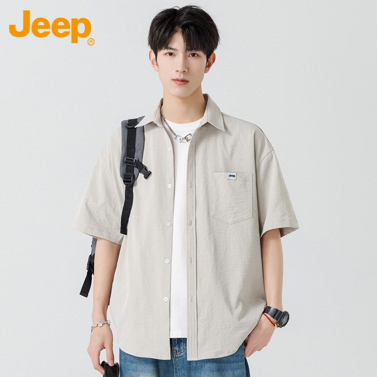 Jeep吉普休闲翻领衬衫男士工装上衣2026年夏季透气薄款短袖衬衣男