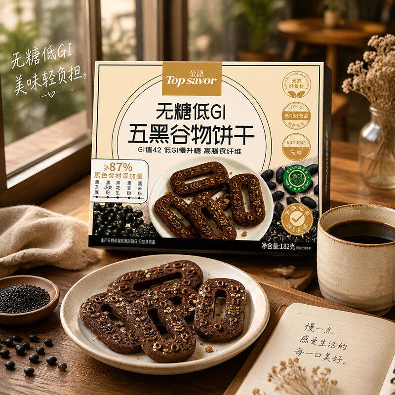 澳门金语无糖低GI五黑谷物饼干健康轻享休闲零食独立包装