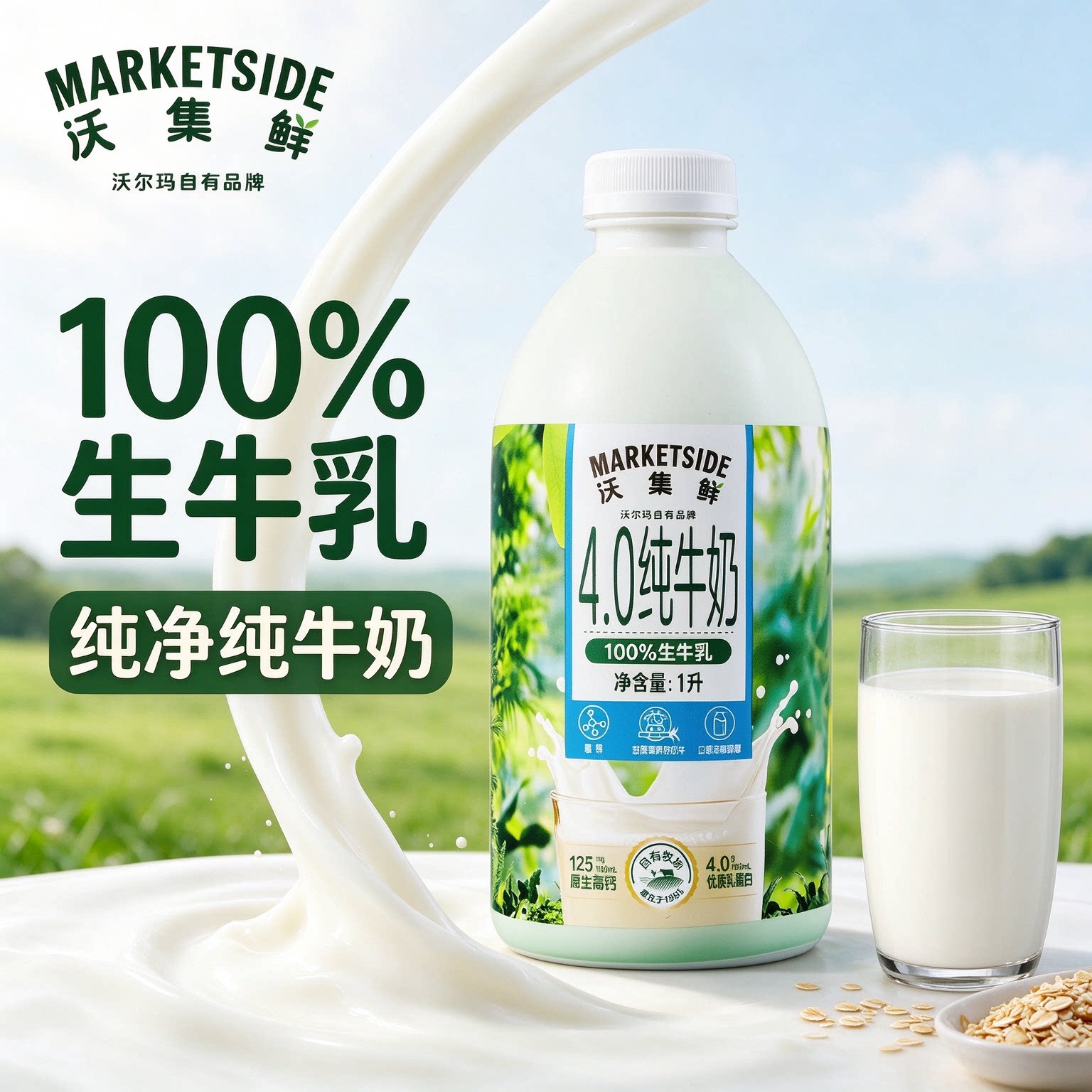 沃尔玛沃集鲜纯牛奶4.0小绿瓶1L吃甘蔗的牛高钙生牛乳正品官方店