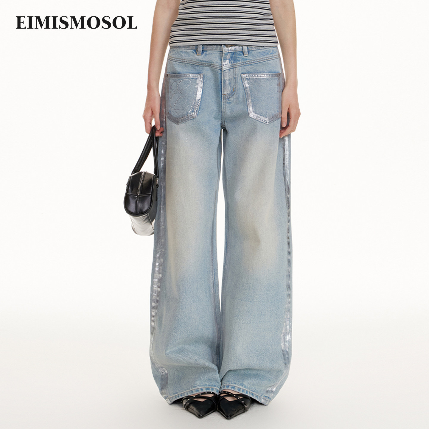 Eimismosol2026秋季新款复古烫钻水洗直筒口袋简约女修身牛仔长裤