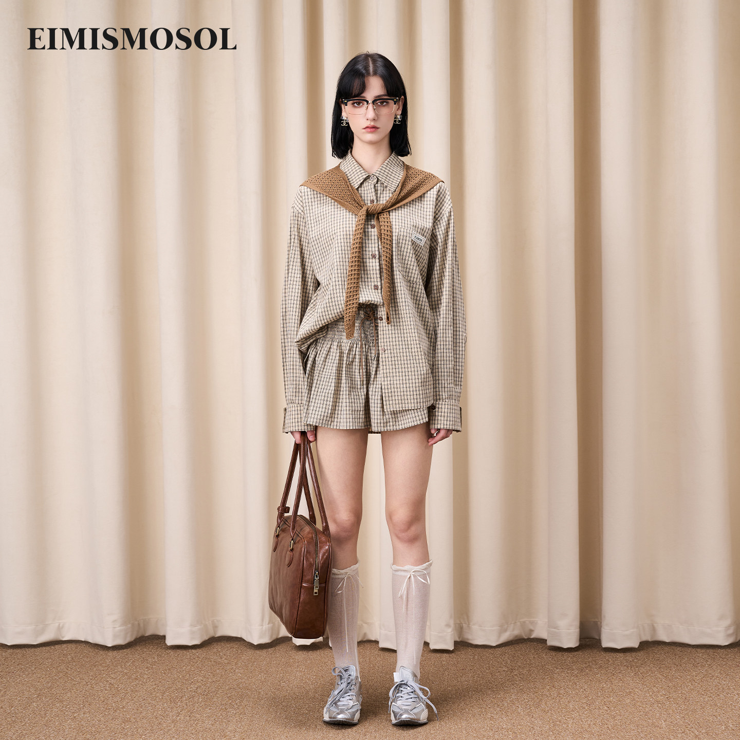 【戚砚笛同款】Eimismosol春季新款长袖披肩格子衬衫短裤休闲套装