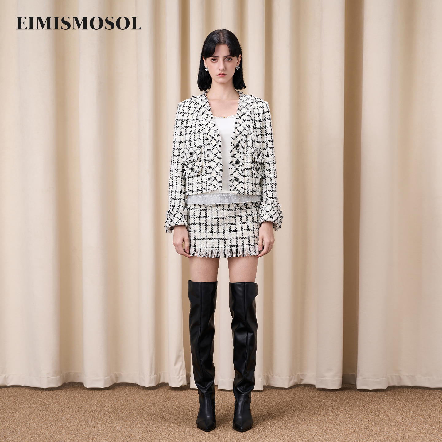 Eimismosol2025秋冬新品小香风黑白格纹V领女短外套半裙时尚套装