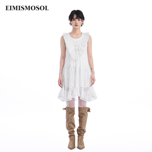 Eimismosol2025夏季 连衣裙女V领木耳边剪花甜美背心裙 新款 无袖
