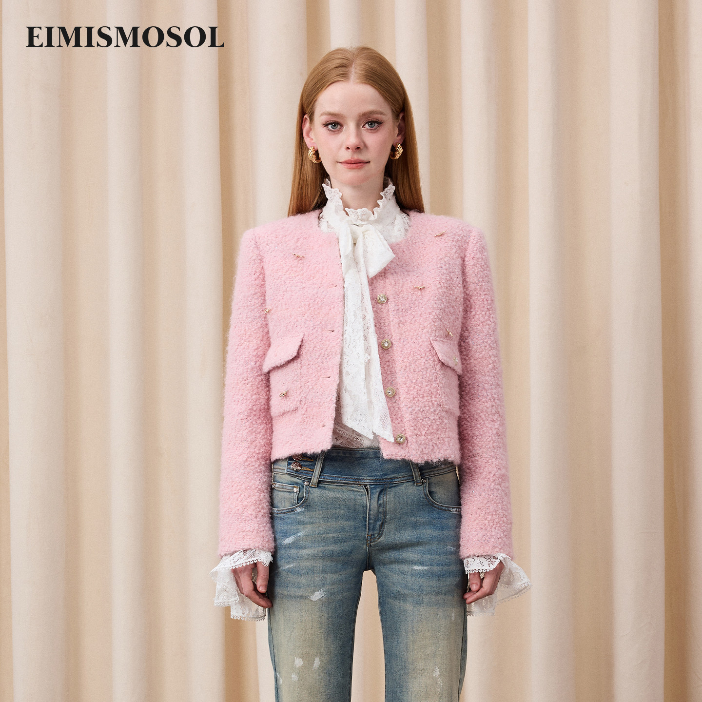 Eimismosol2026新款小香风粉色短鹅羽绒服圆领箱型女毛呢外套