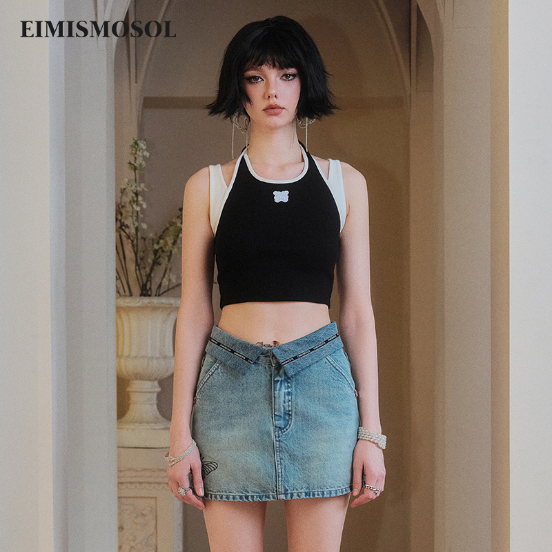 EIMISMOSOL假两件挂脖撞色背心夏季运动风修身设计感百搭女