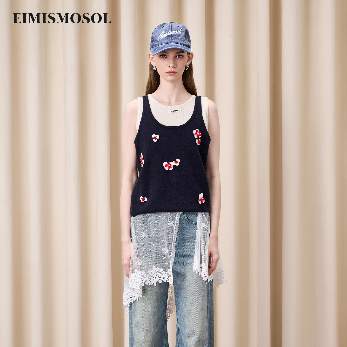 【卢洋洋同款】Eimismosol秋冬新款吊带假两件撞色针织无袖背心