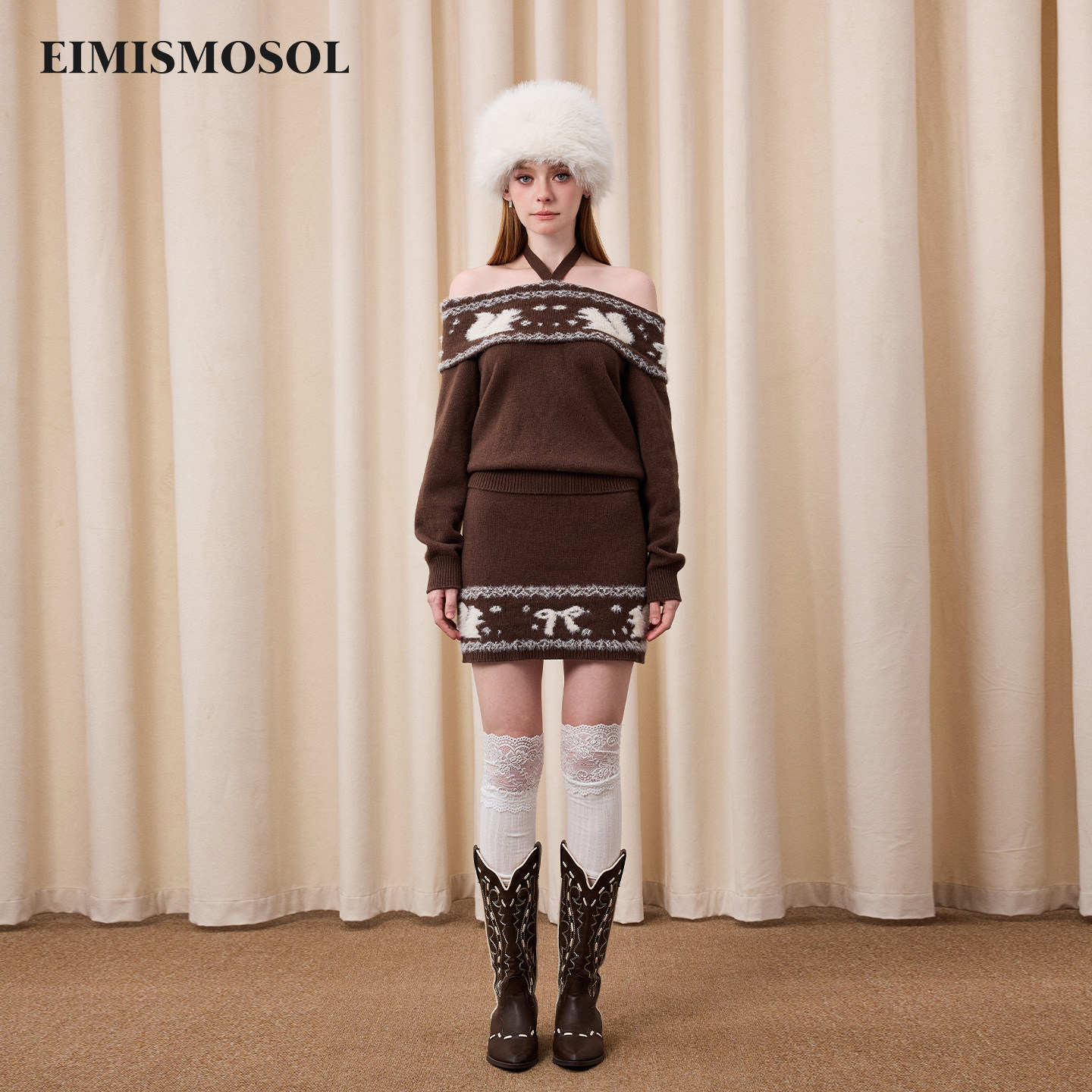 Eimismosol秋冬新品复古一字肩挂脖羊毛毛衣短毛针织半裙套装,女装/女士精品,时尚套装,淘宝优惠券,粉丝福利购,淘宝优惠卷