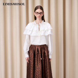 Eimismosol秋冬新品斗篷式荷叶边小衫女法式绑带褶皱拼接衬衫