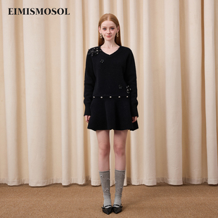 针织连衣裙 V领可拆卸裙摆女修身 Eimismosol2025秋冬新品 黑色长袖