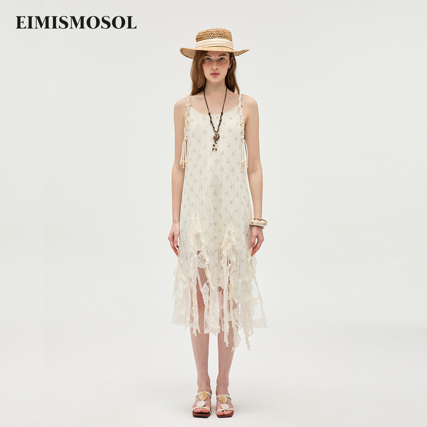 Eimismosol2026夏季新款镂空A字长裙女手工麻花吊带不规则连衣裙