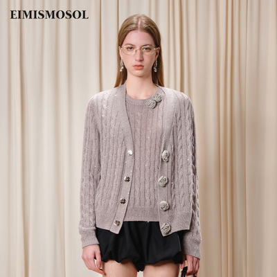 Eimismosol2025秋季新款时尚套装女v领针织开衫圆领背心两件套