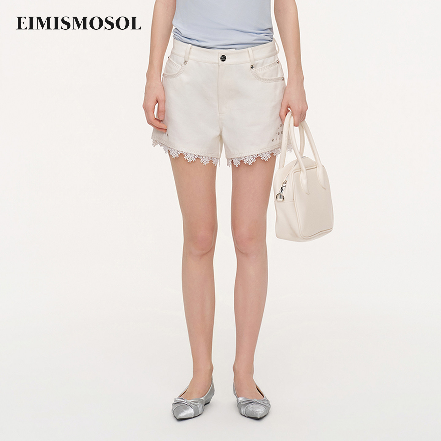 Eimismosol2026夏季新款白色蕾丝花边拼接烫钻女修身休闲牛仔短裤