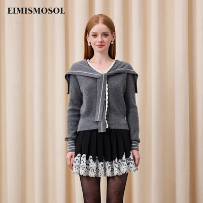 Eimismosol2025秋冬新品海军领绑带披肩针织开衫女修身百搭毛衣