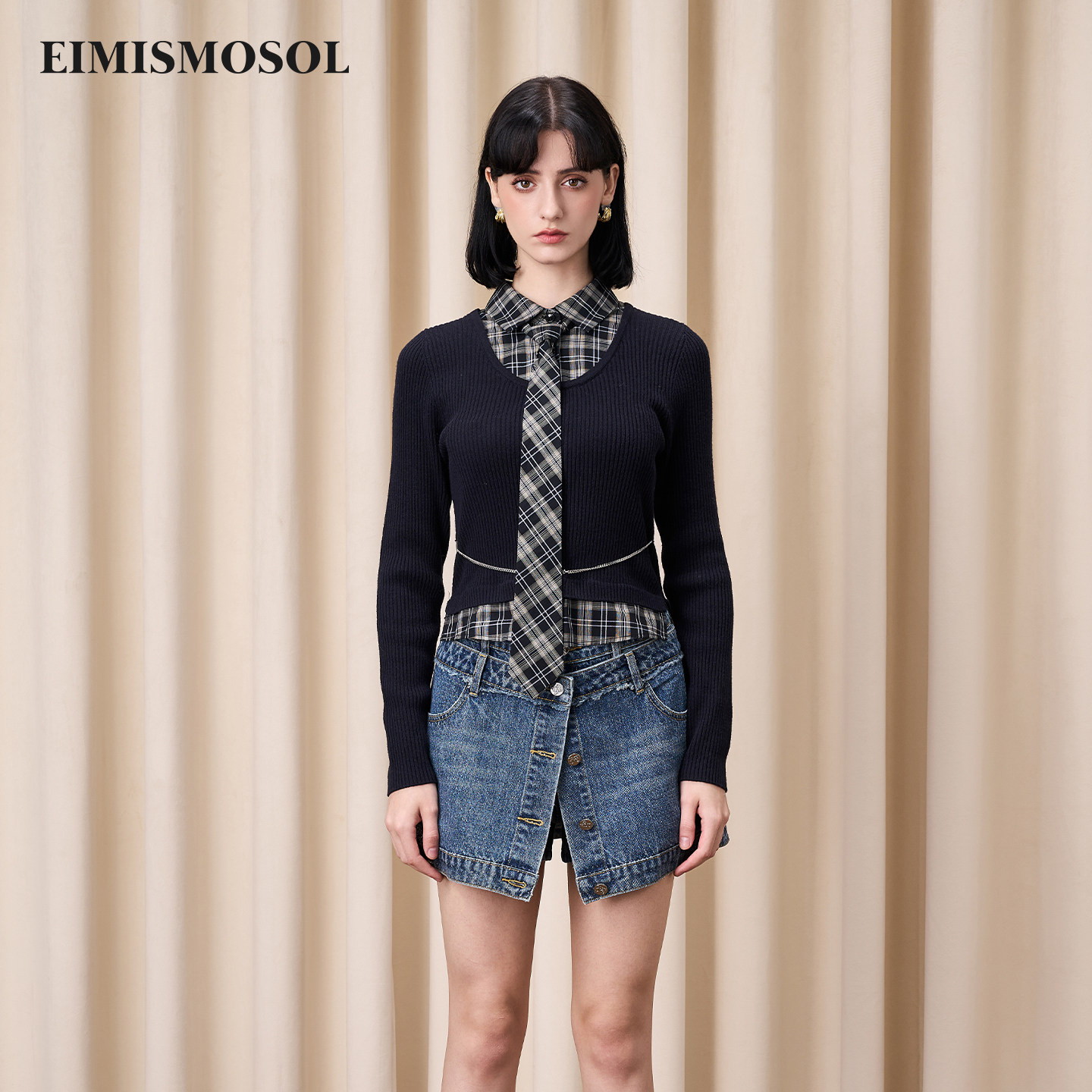 Eimismosol秋冬新品假两件长袖衬衫拼接毛衣女中长修身针织衫