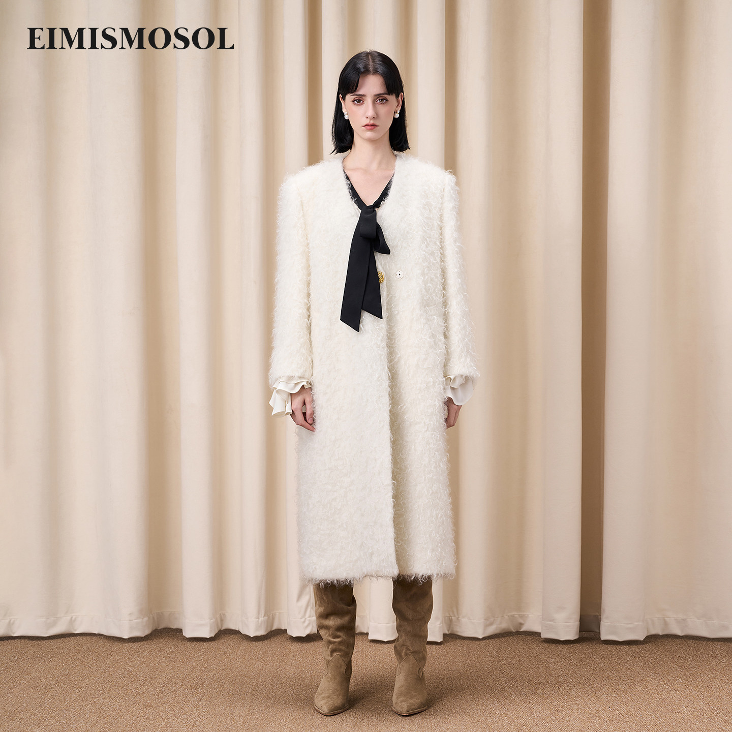 Eimismosol秋冬新款白色V领简约宽松长宽松保暖毛呢大衣外套
