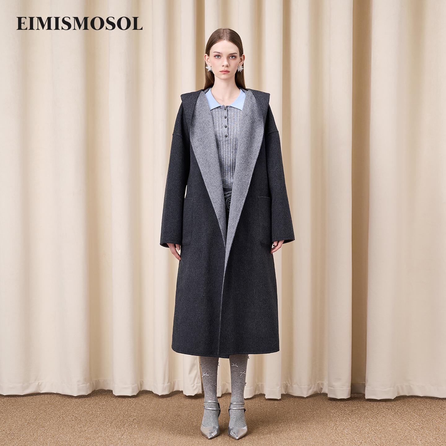 Eimismosol2025秋冬新品束腰双面穿连帽大衣女长款保暖毛呢外套