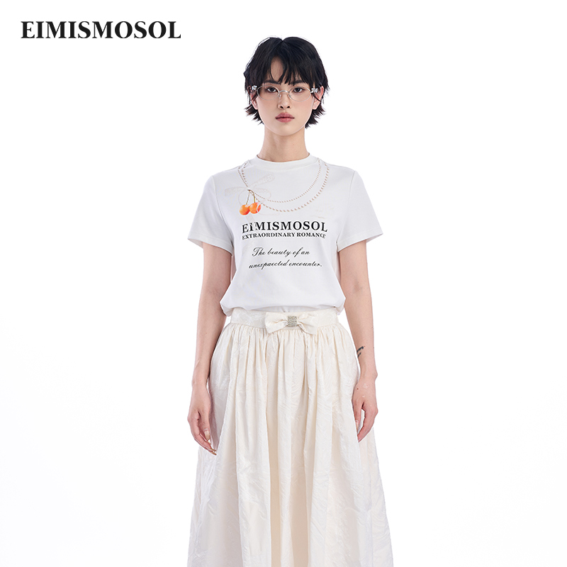 Eimismosol2025夏季新款白色女T恤珍珠字母印花圆领宽松短袖上衣