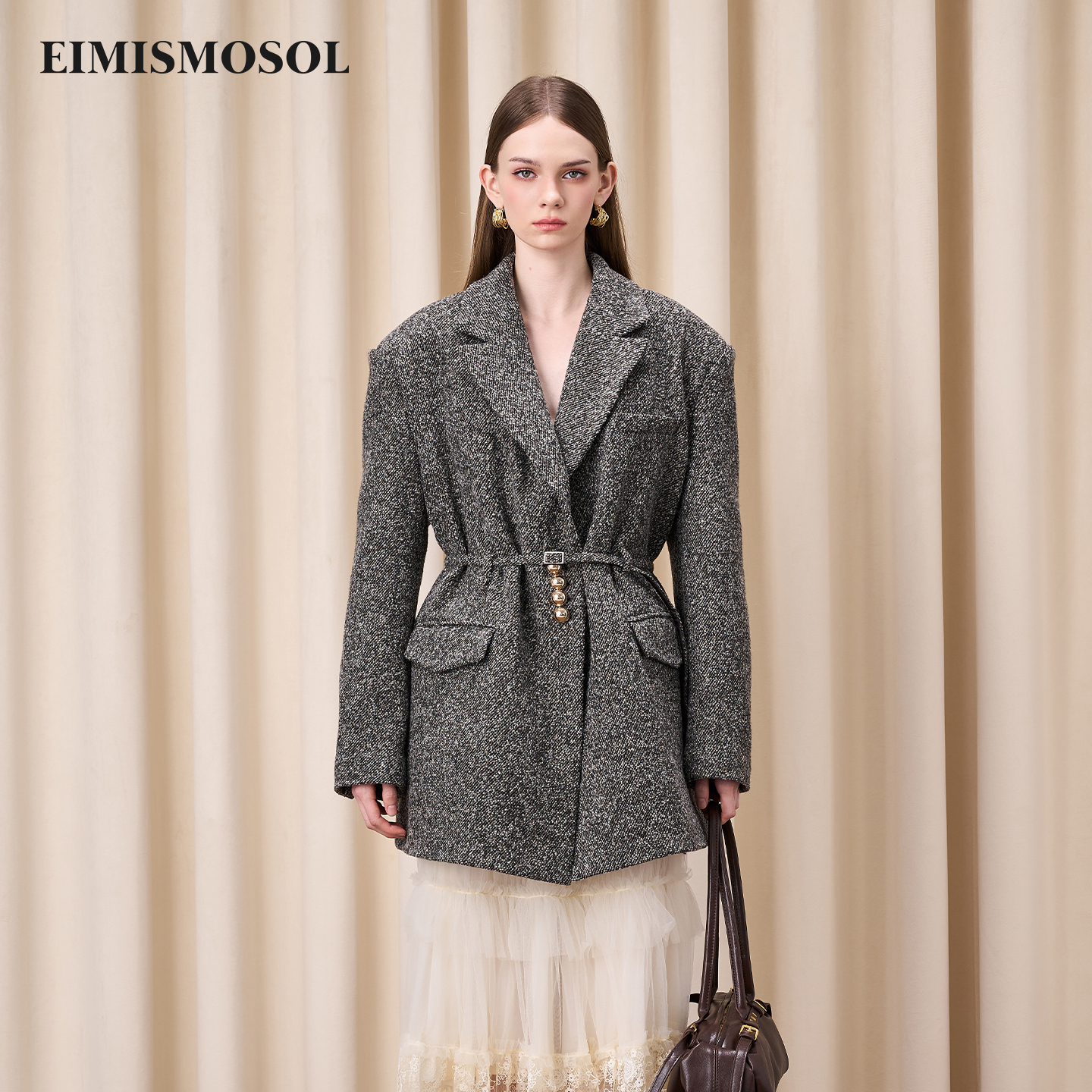 Eimismosol2025秋冬新品夹棉西装外套女保暖收腰显瘦中长毛呢大衣