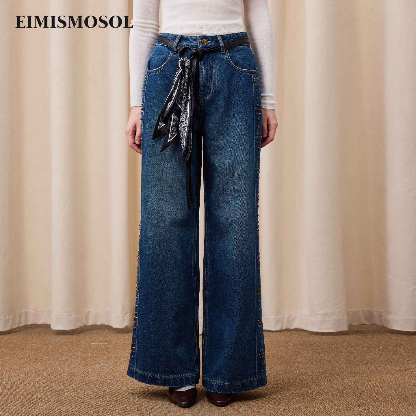 Eimismosol秋冬新品铆钉装饰阔腿牛仔裤女高腰显瘦百搭长裤,女装/女士精品,牛仔裤,淘宝优惠券,粉丝福利购,淘宝优惠卷