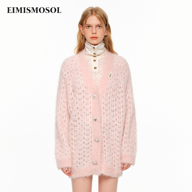 EIMISMOSOL镂空毛绒中长毛衣开衫秋冬新款气质淑女简约百搭外套