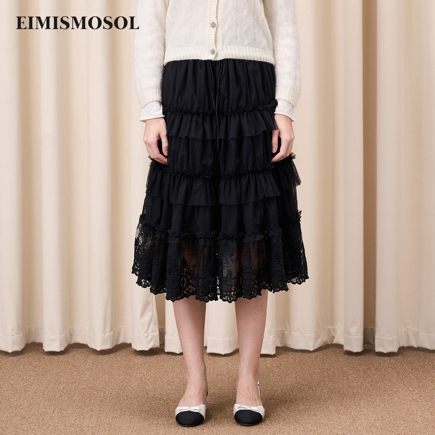 Eimismosol秋季新款黑色简约蕾丝长袖松紧腰网纱蛋糕半身裙,女装/女士精品,半身裙,淘宝优惠券,粉丝福利购,淘宝优惠卷