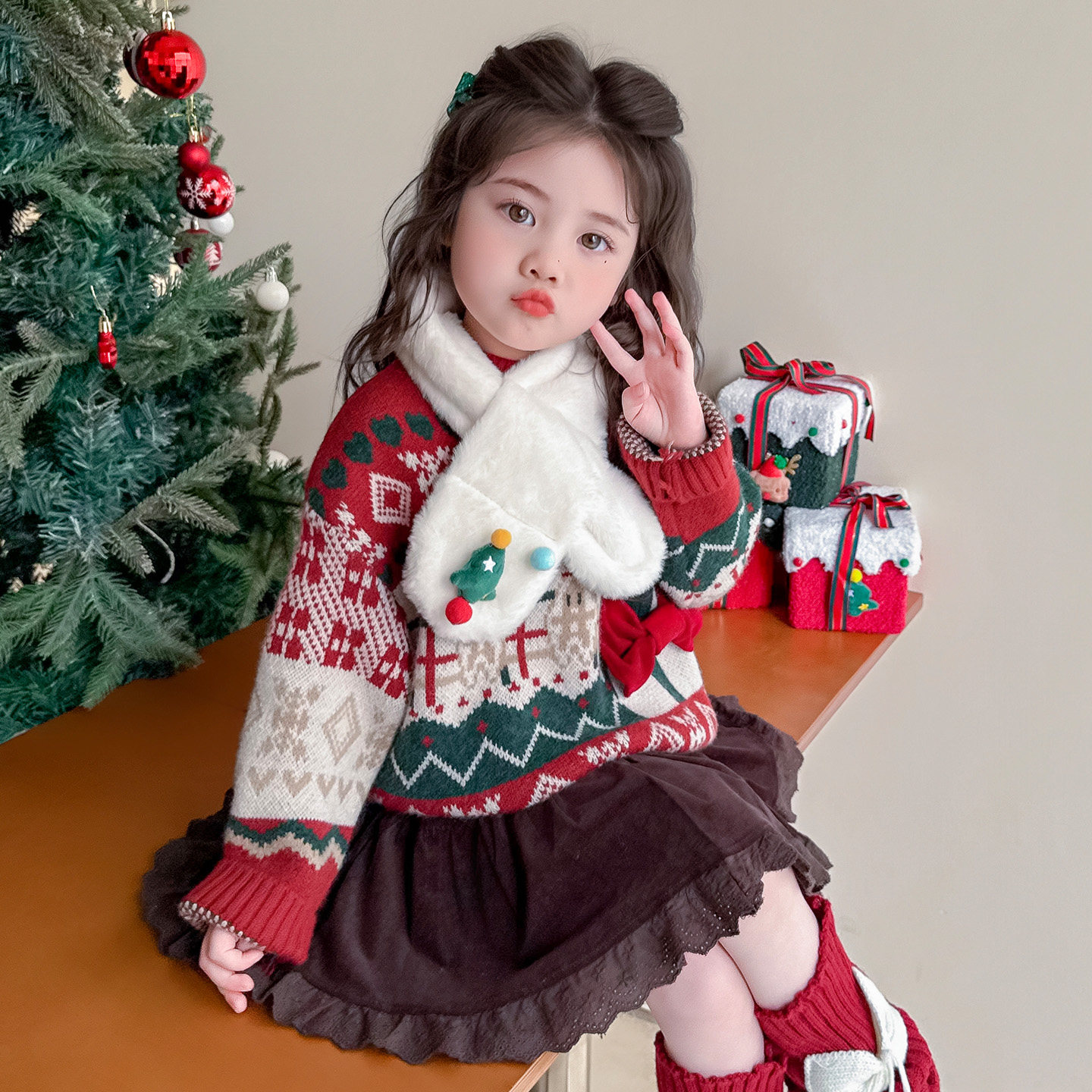 女童秋冬毛衣2025圣诞红色女孩新年衣服加厚套头洋气加厚内搭打底