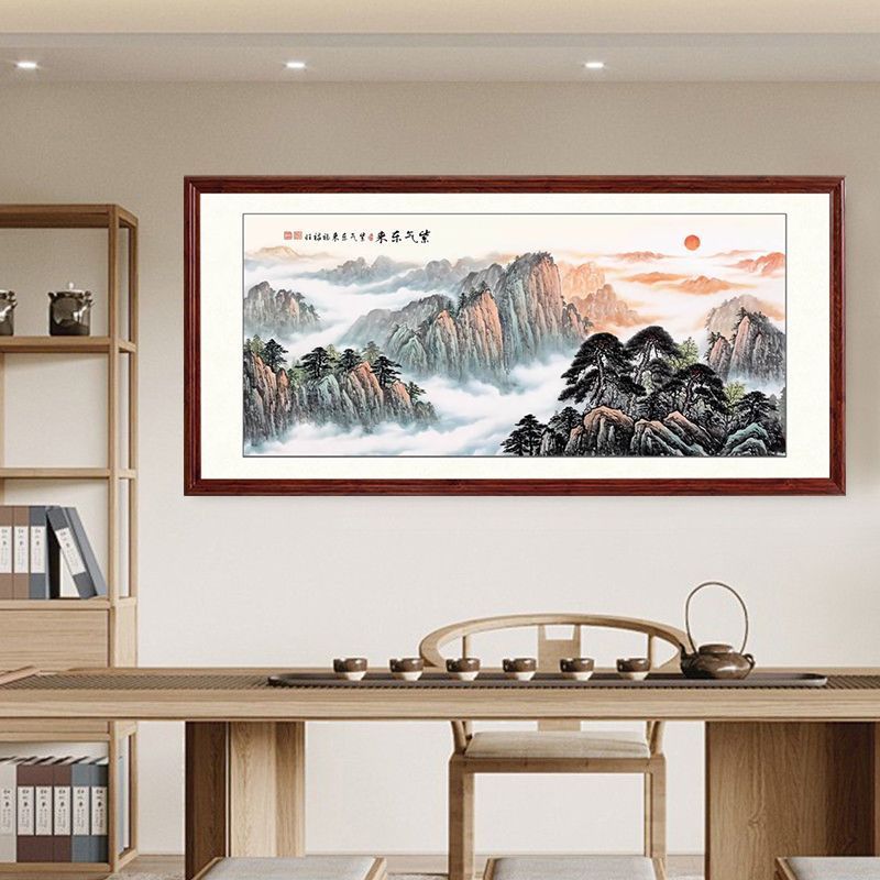 海纳百川实木中式挂画客厅装饰画办公室风景壁画高品质壁画经典