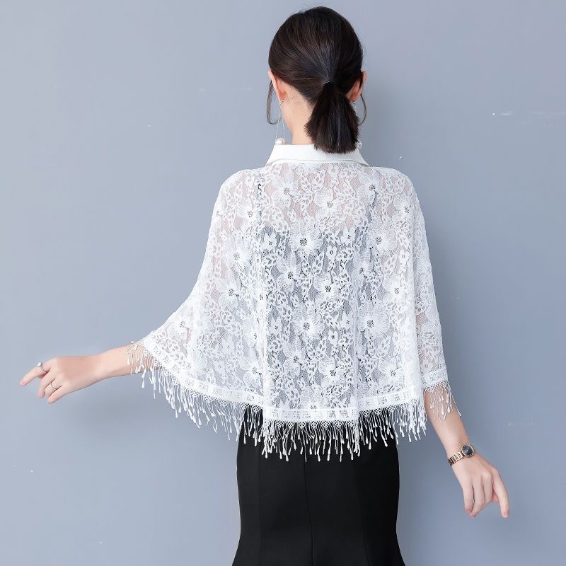 夏季蕾丝披肩小开衫女时尚翻领斗篷外搭配裙子旗袍薄外套流苏上衣