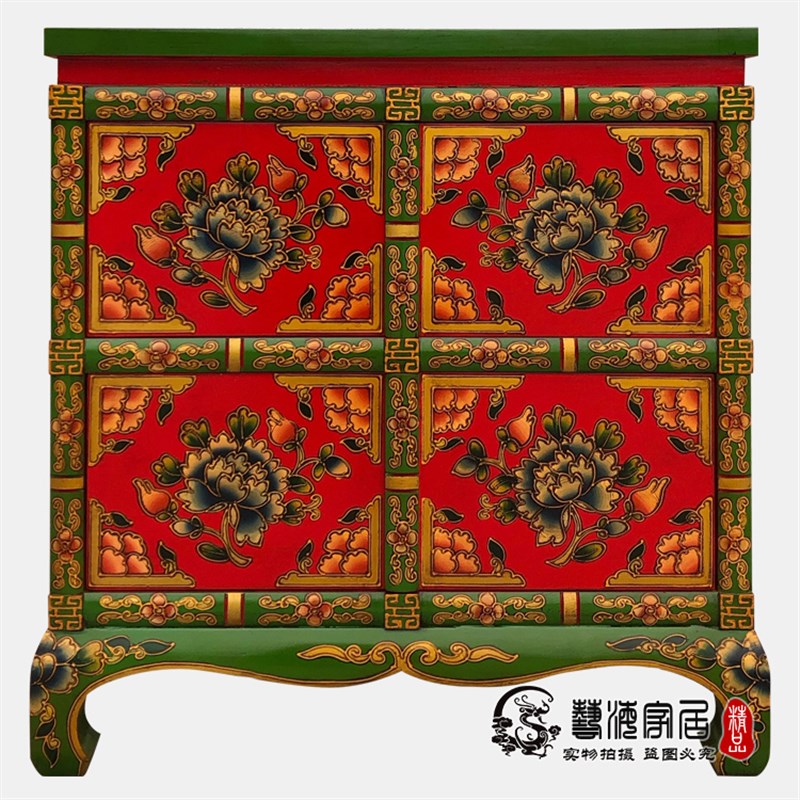 彩绘中式床头柜餐柜客厅装饰柜门门厅柜做旧洗手台实木家俱定制