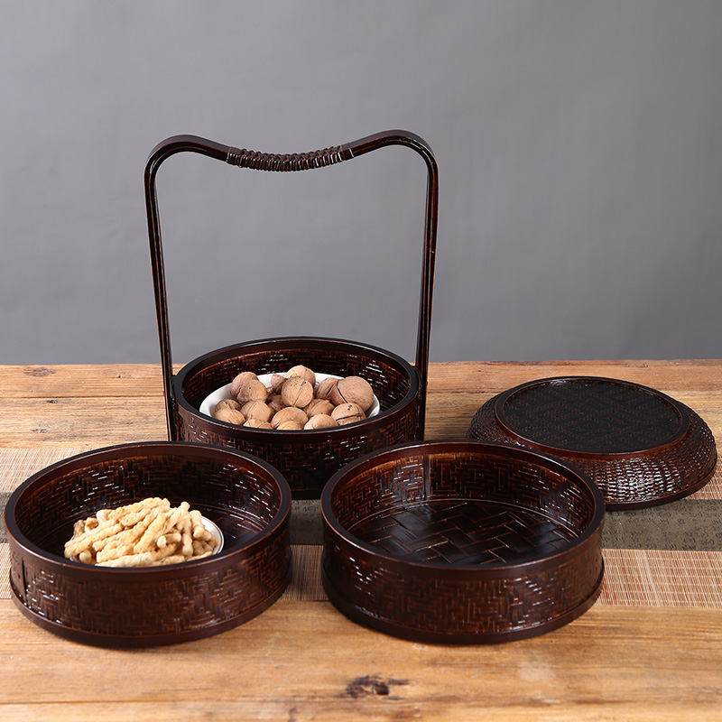 复古手工竹编食盒双层多层月饼篮提篮送餐篮家用酒店篮子拍摄道具