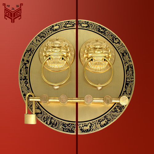 仿古大门纯铜拉手门环中式门闩别墅门把手大尺寸兽头虎头麒麟拉环