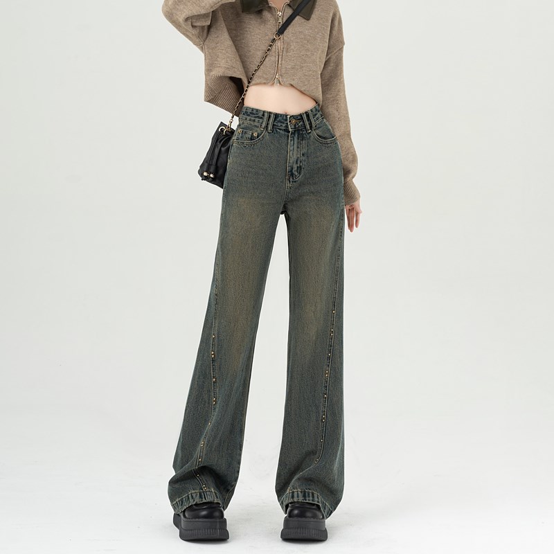 300斤大码女装胖mm柳钉设计感牛仔裤女2025春复古显瘦阔腿长裤子