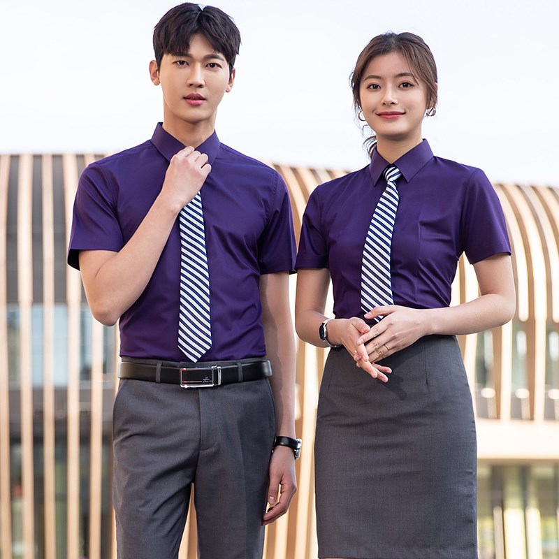 职业男女短袖白衬衣工作服地产销售抗皱衬衫单位工装套装定制LOGO