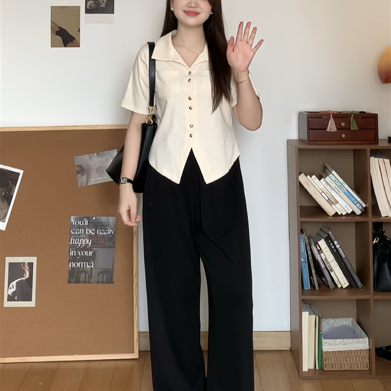 微胖的喵喵 大码mm夏秋季韩系y休闲通勤百搭显瘦宽松衬衫上衣 304
