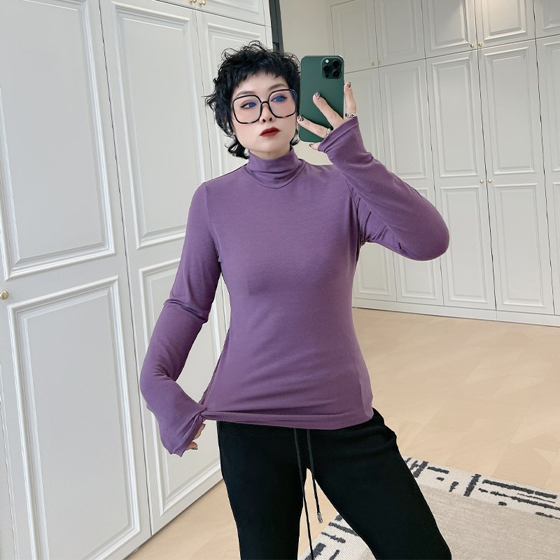 秋季半高领t恤衫内搭大码女装20B0斤胖mm纯色高领法式柔肤棉打底