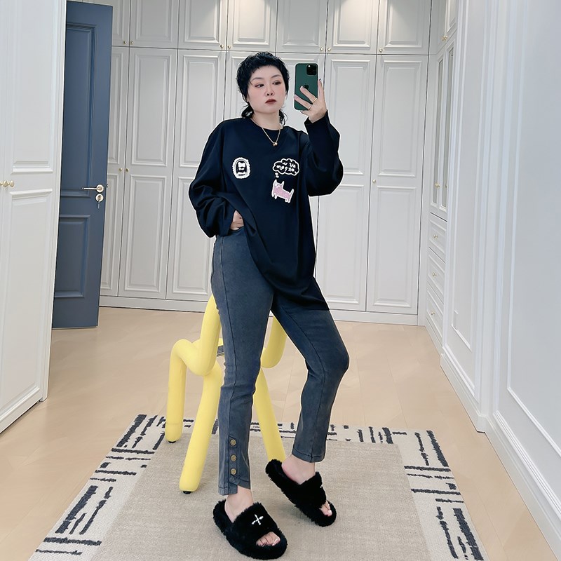 设计感纽扣c显瘦休闲烟管裤大码女装200斤胖mm高腰弹力百搭小脚裤