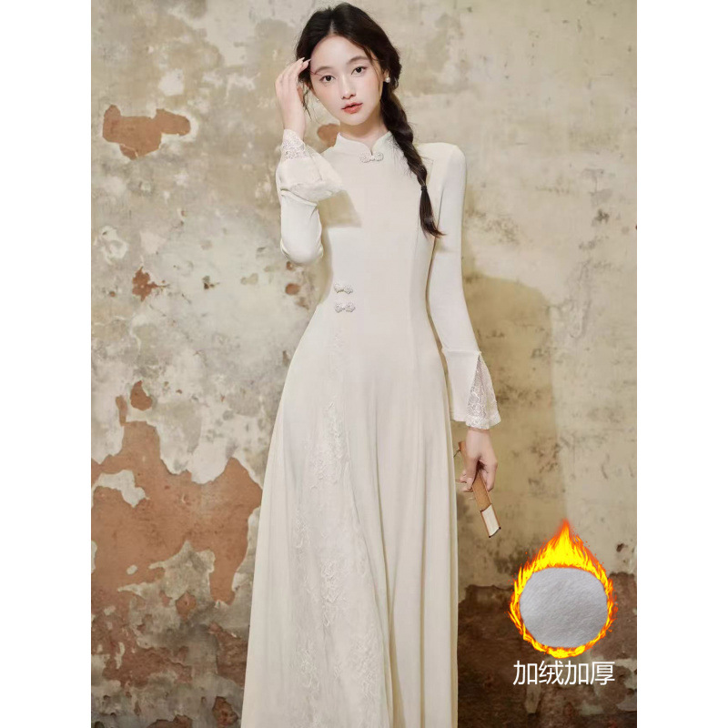 加绒加厚新中式旗袍改良年轻款少女秋冬设计感显瘦气质针织连衣裙