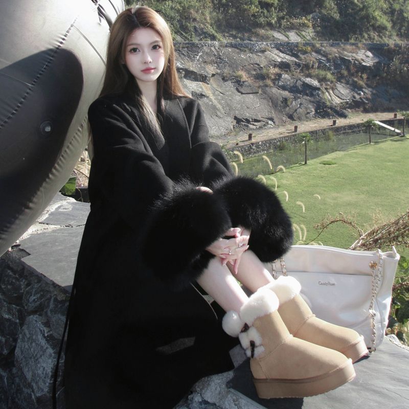 韩版高级感时尚毛呢外套女秋冬季新款大衣设计感可拆卸毛毛袖上衣