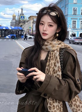 棕色豹纹丝巾女款2026新款系脖