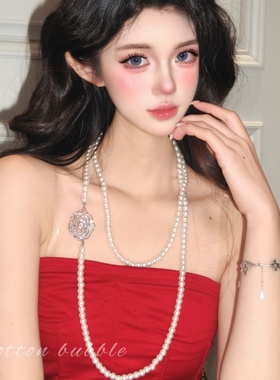 法式珍珠长款项链女款多层叠戴