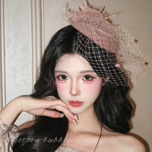 复古千金粉色网纱珍珠礼帽发夹生日头饰民国新娘名媛礼服配饰发饰