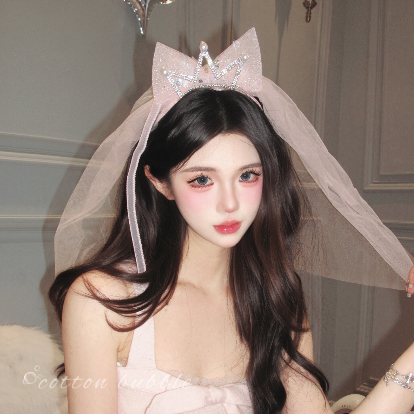 公主风粉色网纱皇冠发箍甜美蝴蝶结生日头饰新娘头纱礼服配饰发饰