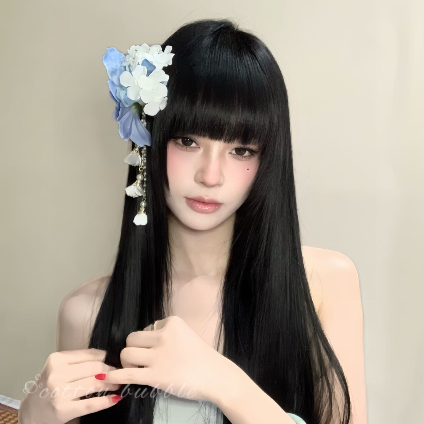 超仙蓝色花朵流苏头饰发夹新中式仿真花侧边夹子旗袍海边头花发饰