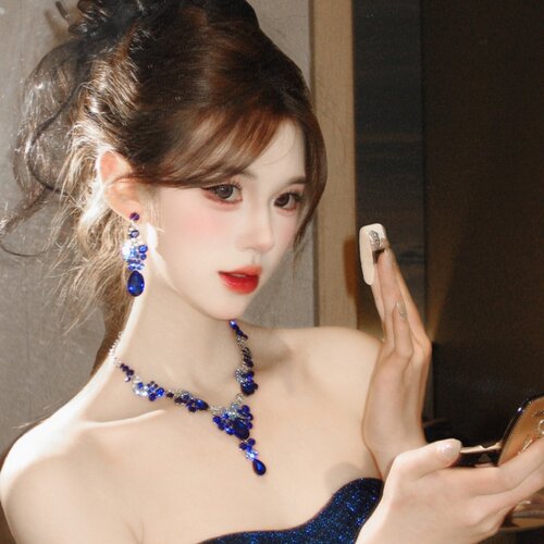 蓝色宝石水滴项链耳环套装晚礼服