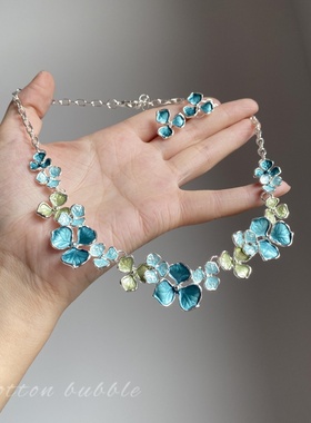 法式蓝色花朵项链耳环套装晚礼服