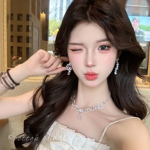 公主锆石水滴项链晚礼服夸张耳环套装轻奢高级感生日配饰新娘颈链