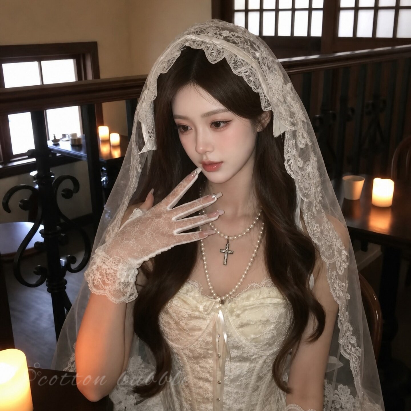 万圣节头饰鬼新娘复古白色蕾丝头纱领证结婚生日拍照道具婚纱发饰