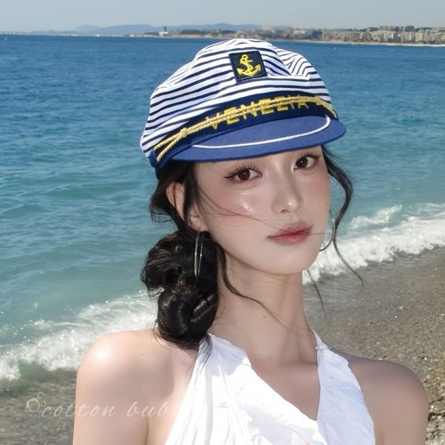 复古蓝色条纹海军帽可爱水手帽女